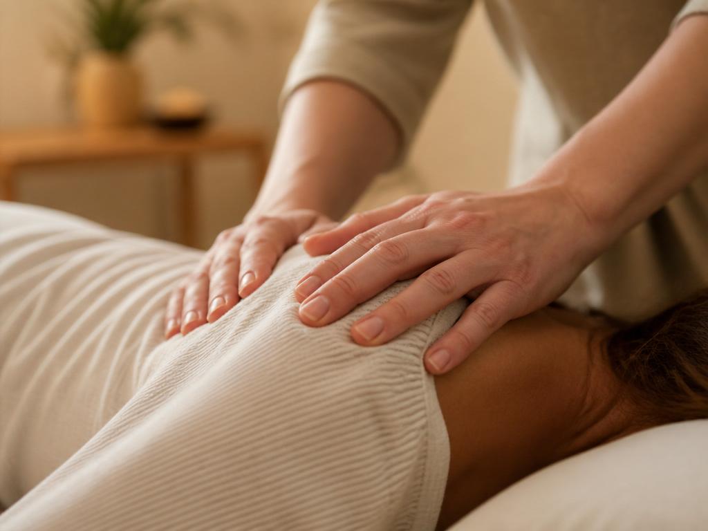 Practitioner's hands gently resting on a client's back during a session