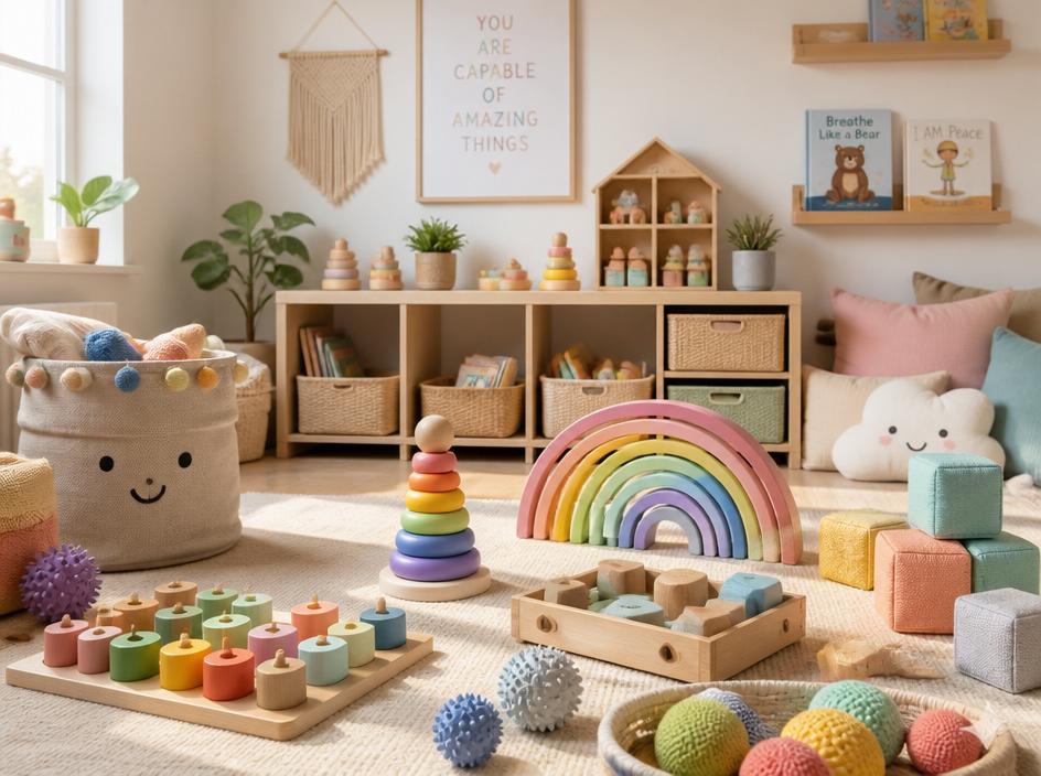 Soft colorful therapy toys in a light-filled studio